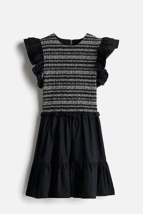 Flutter-sleeved poplin dress - black