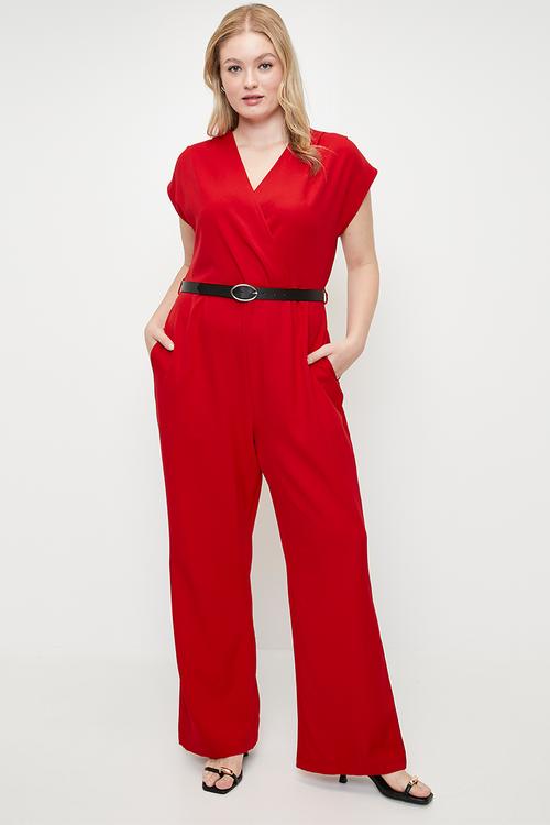 Plus size belted double breasted collar plus size woven jumpsuit  - red