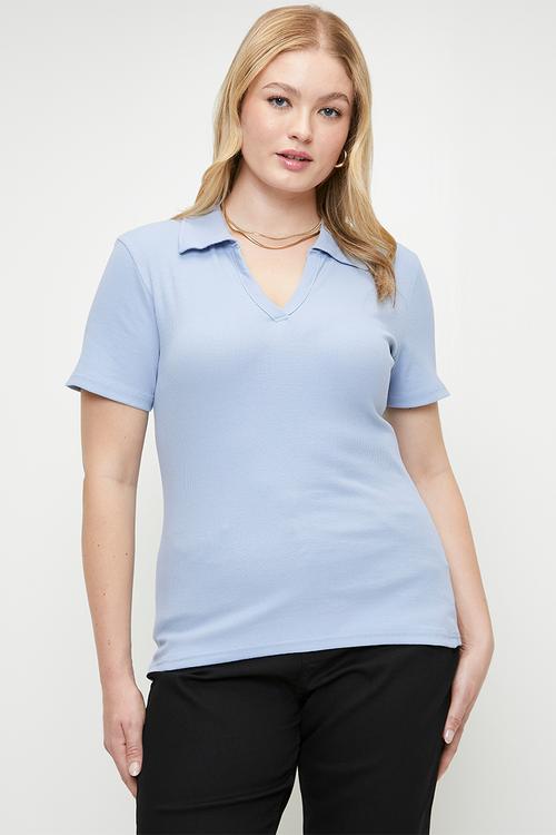 Plus size polo neck bodysitting ribbed knitted blouse - blue
