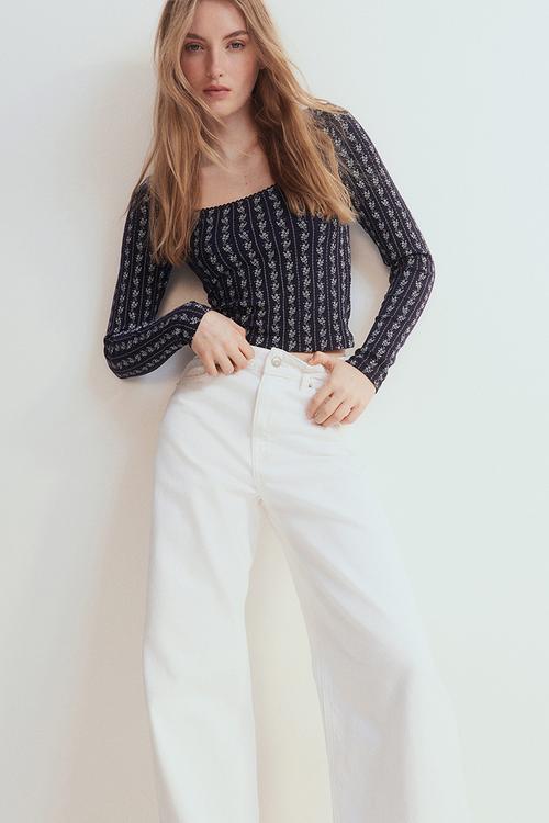 Picot-trimmed ribbed top - navy blue floral