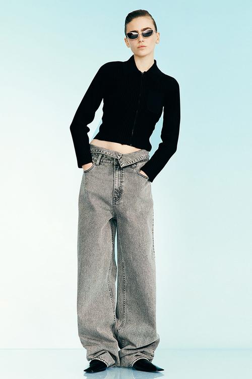 Rib-knit zip-through top - black