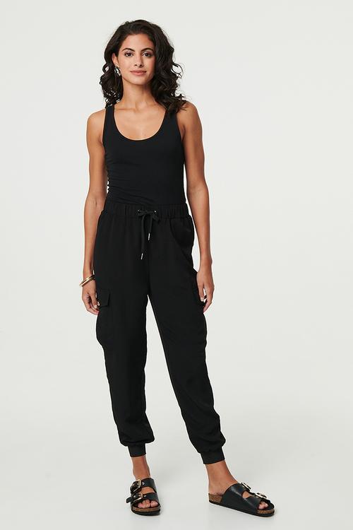Capri length ribbed and cuffed cargo suit pant - Black