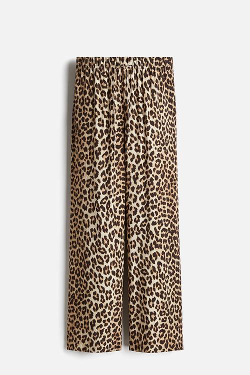 Wide pull-on trousers - beige leopard print