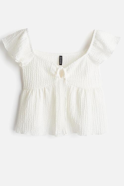 Crinkled flutter-sleeved top - cream