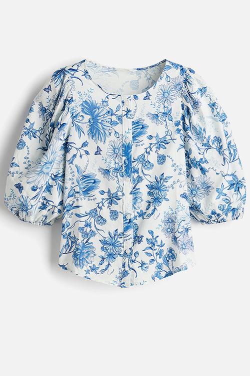 Linen-blend blouse - white & blue floral
