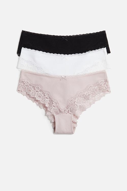 3-Pack cotton and lace hipster briefs - powder pink/white/black