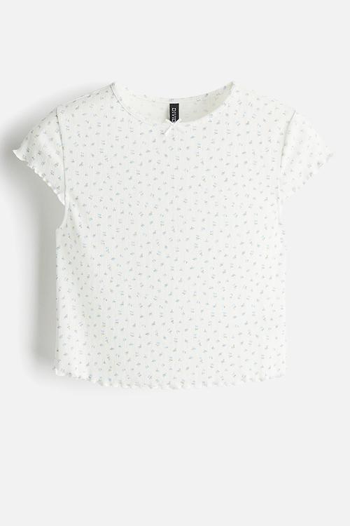 Overlock-detail pointelle top - cream/floral 
