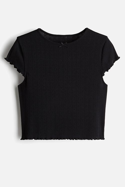 Overlock-detail pointelle top - black
