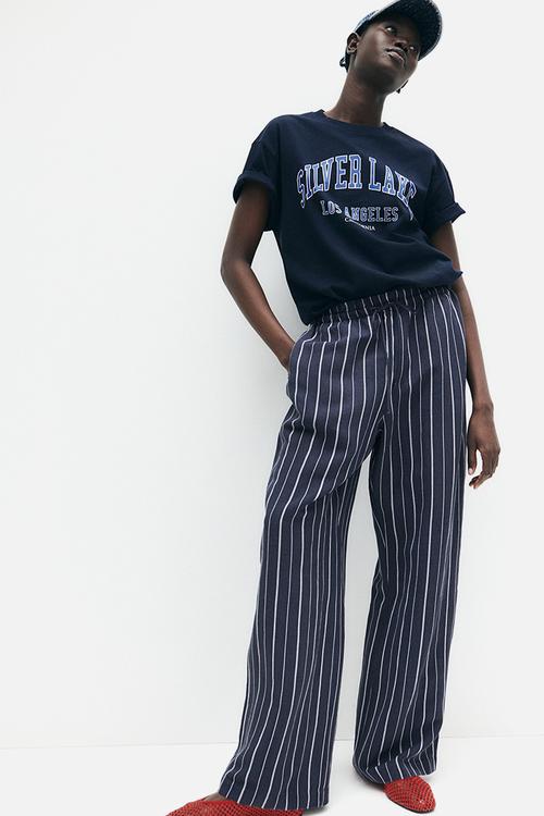 Linen-blend trousers - navy blue striped