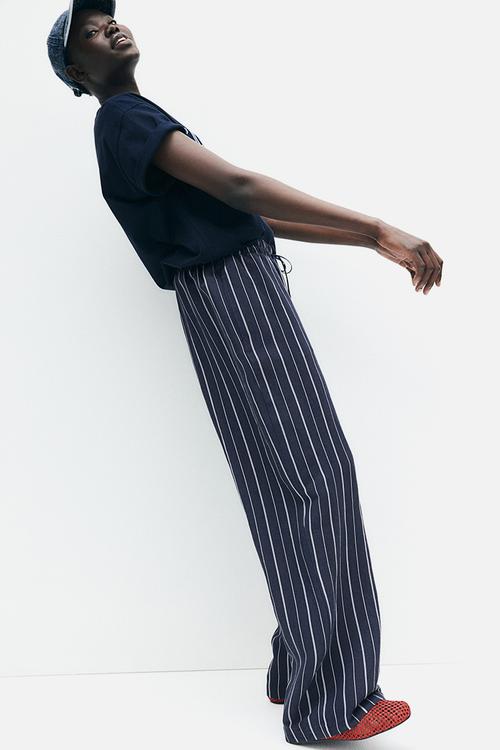 Linen-blend trousers - navy blue striped