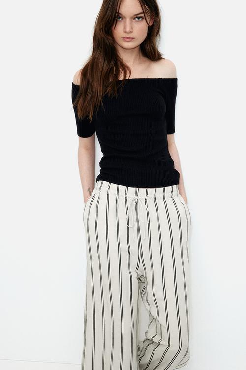 Linen-blend trousers - light beige striped