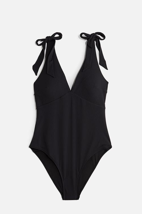 Padded-cup high leg swimsuit - black