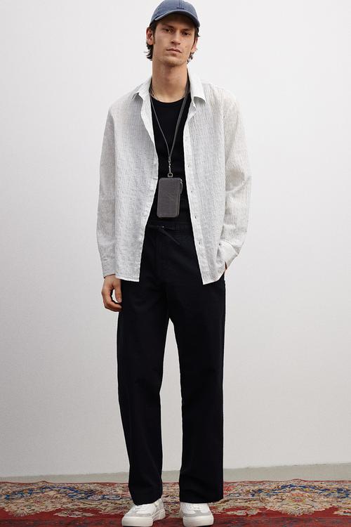 Relaxed fit seersucker trousers - navy blue