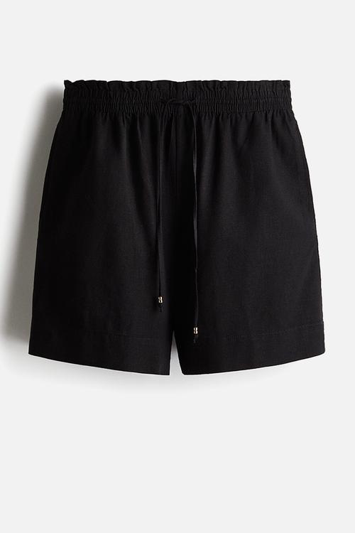 Linen-blend drawstring shorts - black