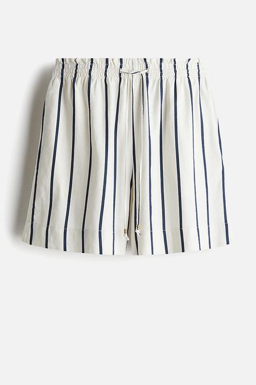 Linen-blend drawstring shorts -  white/navy blue striped 