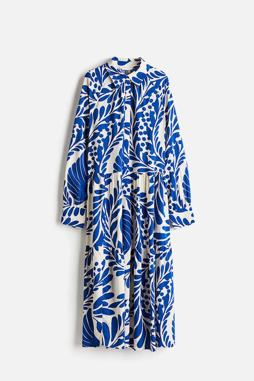 Viscose shirt dress - white & blue patterned