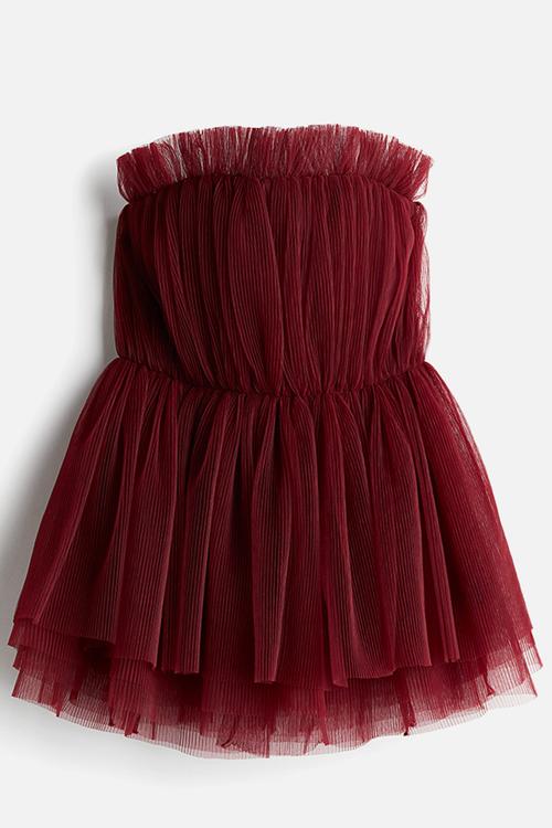 Pleated tulle bandeau top -  dark red 