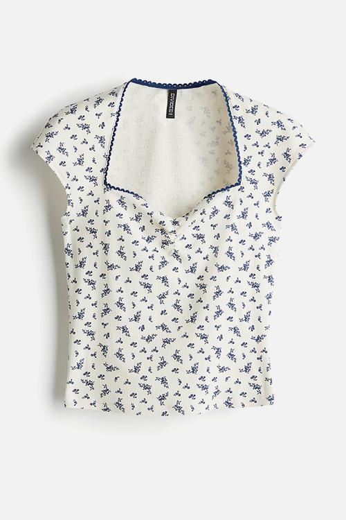 Ribbed sweetheart-neck top - white,multi