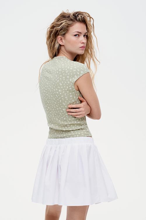 Ribbed sweetheart-neck top - light khaki green/floral