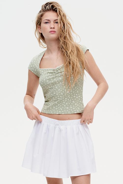 Ribbed sweetheart-neck top - light khaki green/floral