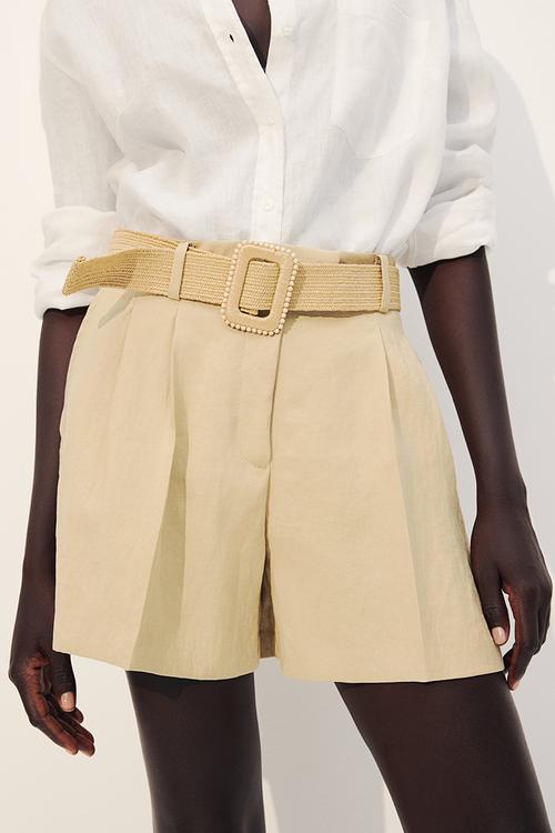 Belted twill shorts - beige
