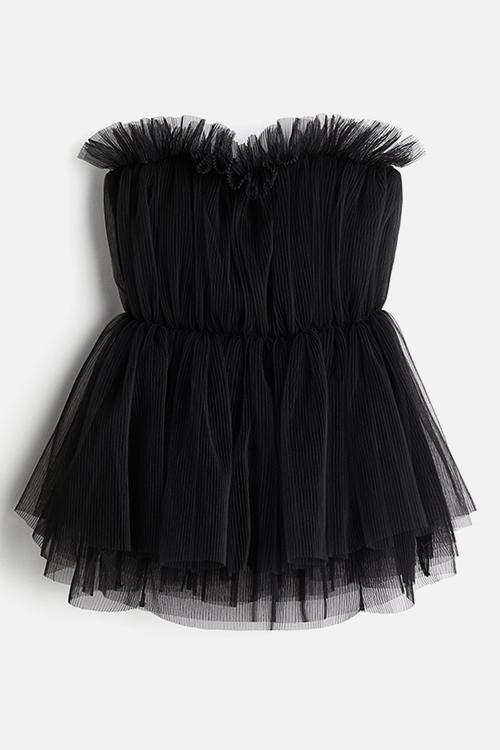 Pleated tulle bandeau top - black