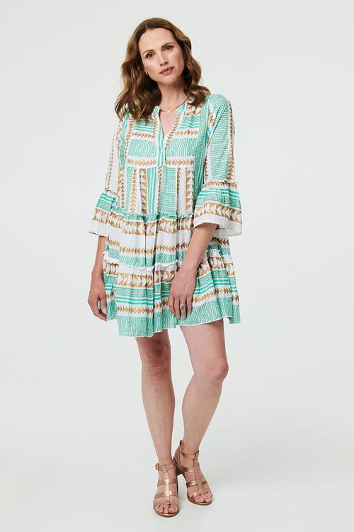 Key Hole 2 Tier Midi Dress with printed foil design - Light Green