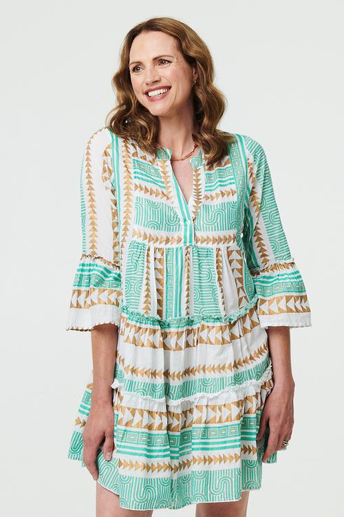 Key Hole 2 Tier Midi Dress with printed foil design - Light Green