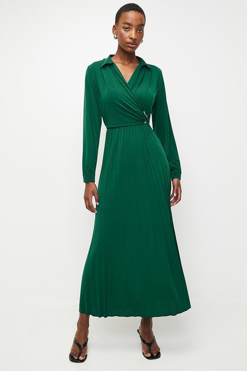 Double Breasted Pleated  Knitted Dress -Emerald