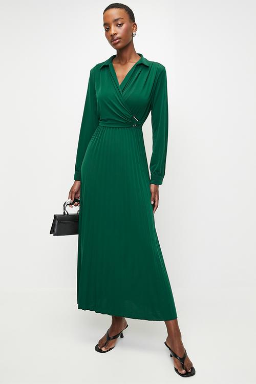 Double Breasted Pleated  Knitted Dress -Emerald