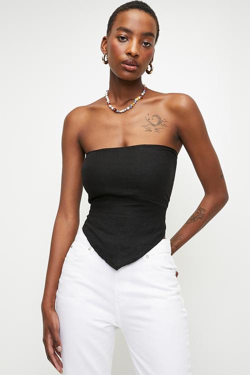 Weaving 100% Linen Scarf Bustier Beach Blouse - black