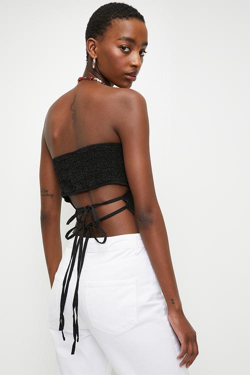 Weaving 100% Linen Scarf Bustier Beach Blouse - black