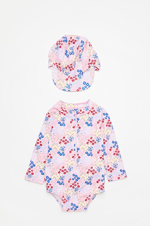 Bundle lucy ruffle swimsuit and sammy swim hat - blush pink/mimi ditsy floral