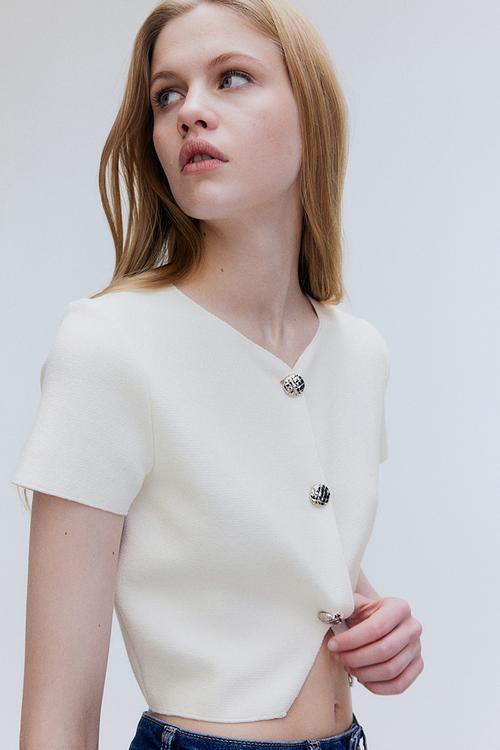 Short-sleeved jersey cardigan - cream