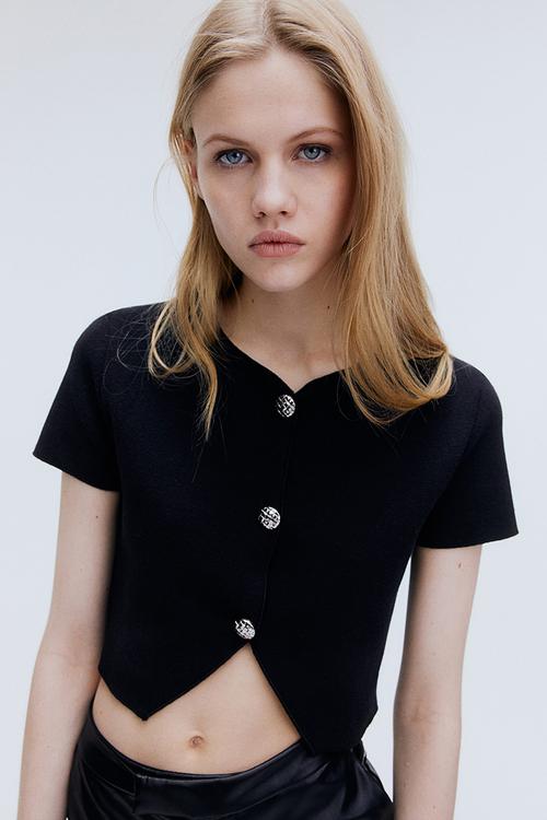 Short-sleeved jersey cardigan - black