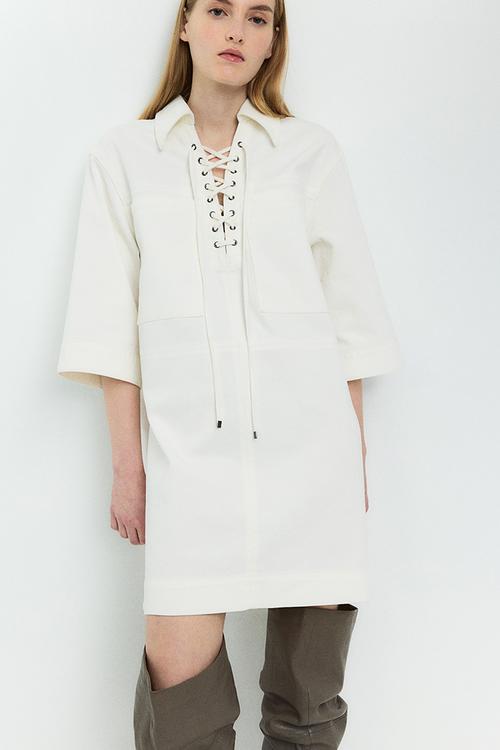 Lace-up denim dress - white