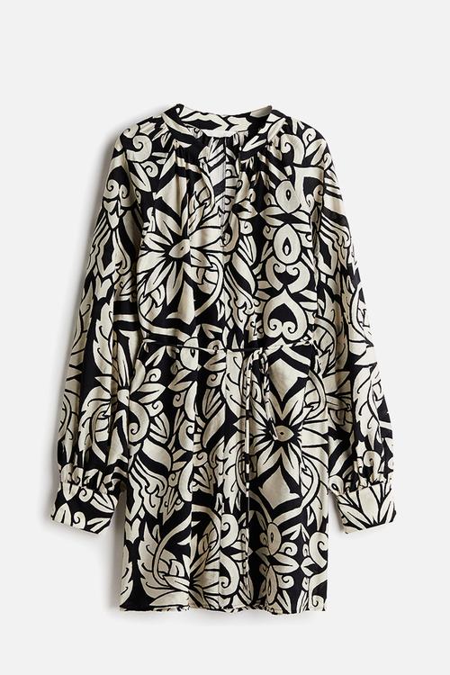 Tie-belt tunic dress - black patterned 