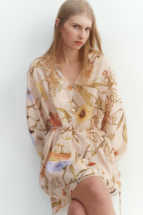 Tie-belt tunic dress -  light apricot floral