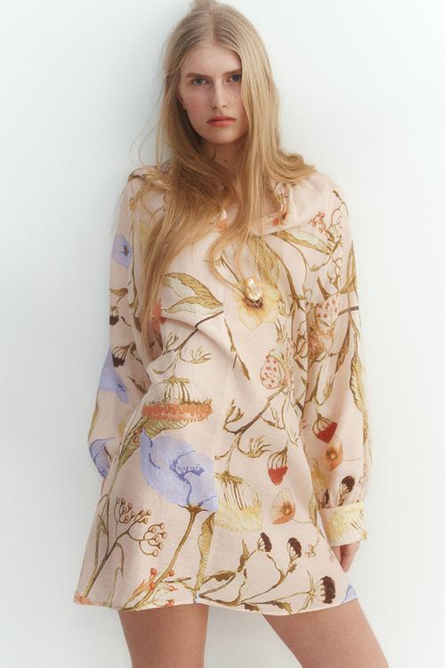 Tie-belt tunic dress -  light apricot floral