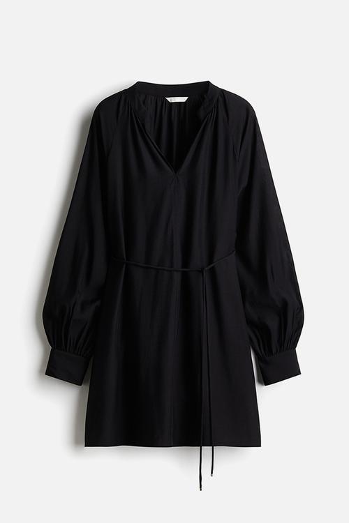 Tie-belt tunic dress - black