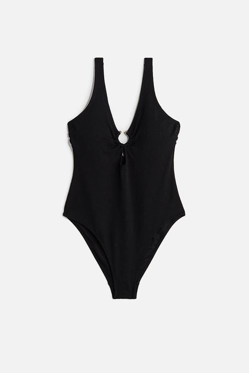 Padded-cup high leg swimsuit - black
