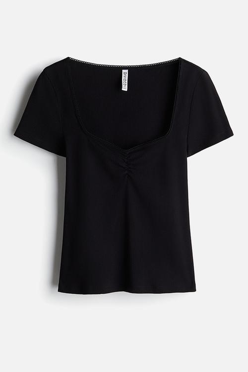 Picot-trimmed t-shirt - black