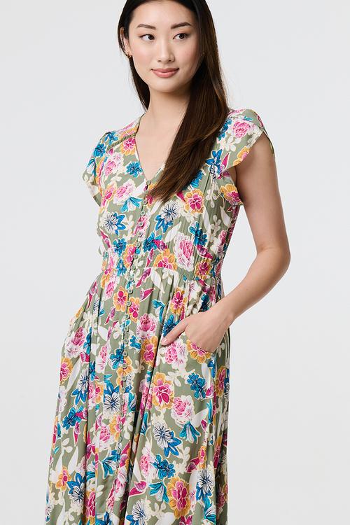 Cap flutter sleeve button through Maxi Dress - Khaki Floral