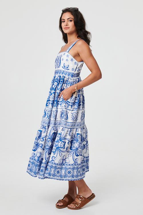 Strappy all over blue Print Maxi Dress - Blue