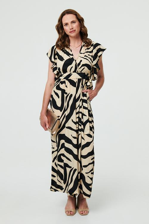 Cap Flutter Sleeve Ultra Wide Leg Zebra Print Jumpsuit - Cream & Black