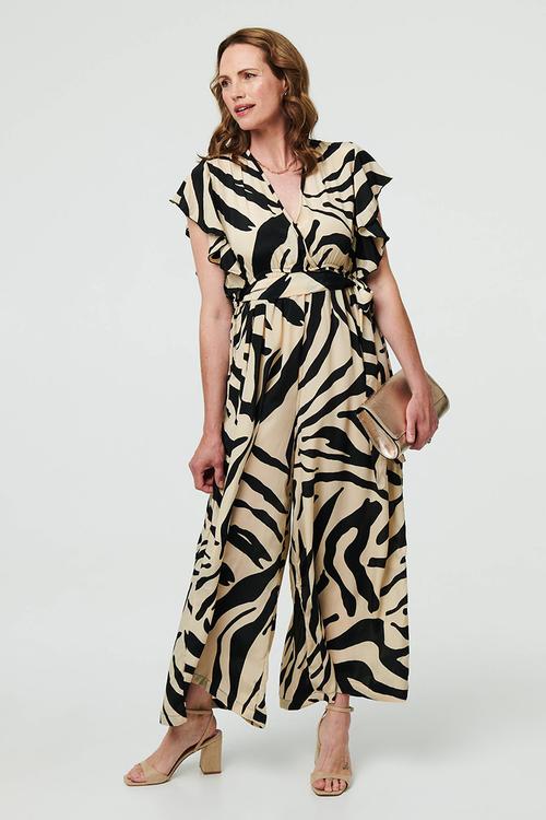 Cap Flutter Sleeve Ultra Wide Leg Zebra Print Jumpsuit - Cream & Black