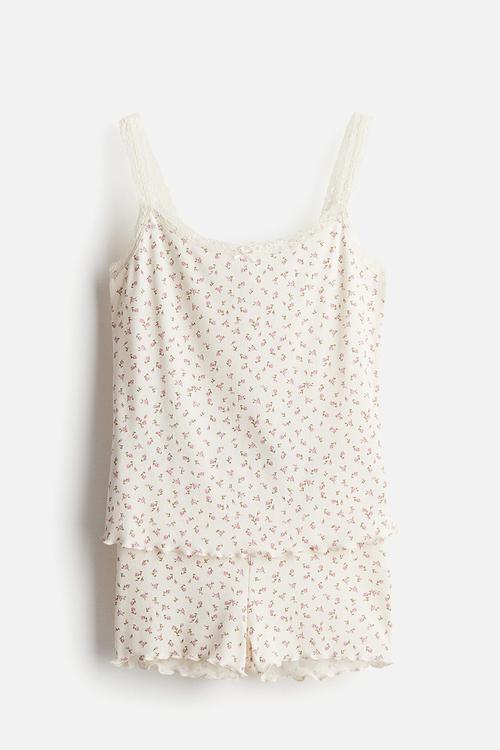 Ribbed pyjamas - cream & pink floral