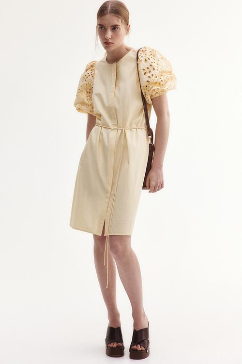 Broderie anglaise-sleeved dress - pale yellow