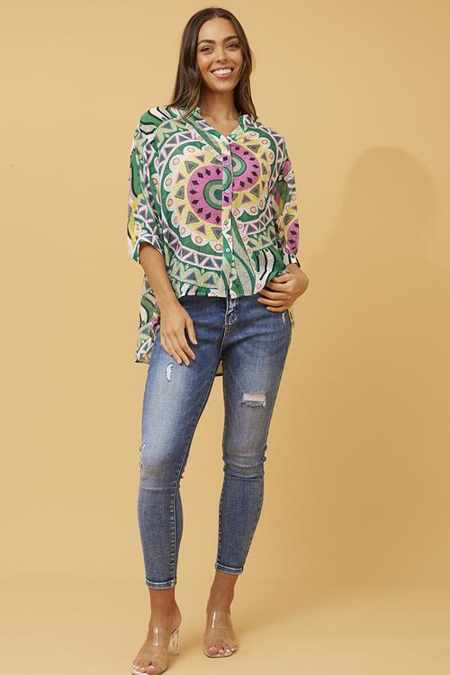 Oversized batwing top with button down centre back detail - multi