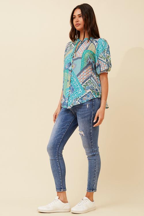 Hankerchief key hole blouse with elasticated puff sleeve - Blue